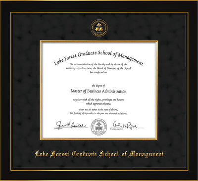 Image of Lake Forest Graduate School of Management Diploma Frame - Honors Black Satin - w/Embossed LFGSM Seal & Name - Fillet - Black Suede mat