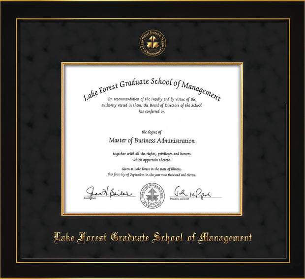 Image of Lake Forest Graduate School of Management Diploma Frame - Honors Black Satin - w/Embossed LFGSM Seal & Name - Fillet - Black Suede mat