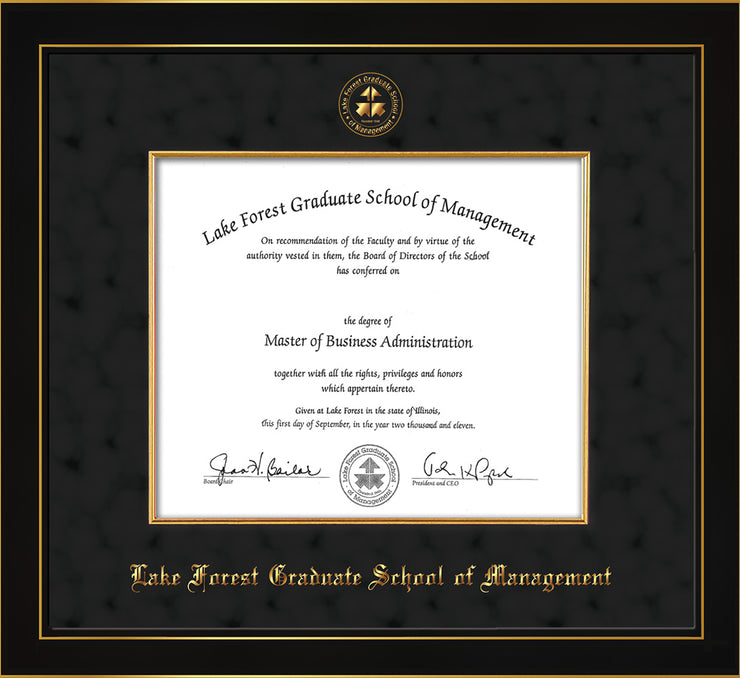 Image of Lake Forest Graduate School of Management Diploma Frame - Honors Black Satin - w/Embossed LFGSM Seal & Name - Fillet - Black Suede mat
