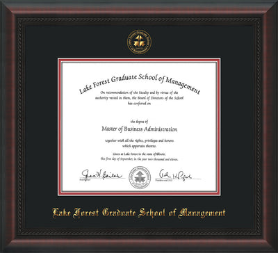 Image of Lake Forest Graduate School of Management Diploma Frame - Mahogany Braid - w/Embossed LFGSM Seal & Name - Black on Crimson mat