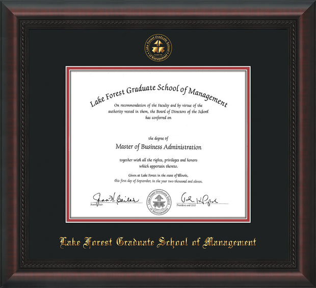 Image of Lake Forest Graduate School of Management Diploma Frame - Mahogany Braid - w/Embossed LFGSM Seal & Name - Black on Crimson mat