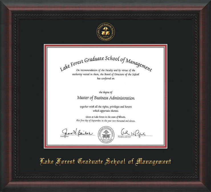 Image of Lake Forest Graduate School of Management Diploma Frame - Mahogany Braid - w/Embossed LFGSM Seal & Name - Black on Crimson mat