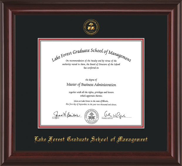 Image of Lake Forest Graduate School of Management Diploma Frame - Mahogany Lacquer - w/Embossed LFGSM Seal & Name - Black on Crimson mat