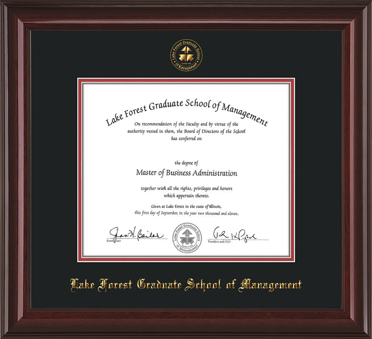 Image of Lake Forest Graduate School of Management Diploma Frame - Mahogany Lacquer - w/Embossed LFGSM Seal & Name - Black on Crimson mat
