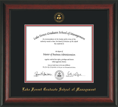 Image of Lake Forest Graduate School of Management Diploma Frame - Rosewood - w/Embossed LFGSM Seal & Name - Black on Crimson mats