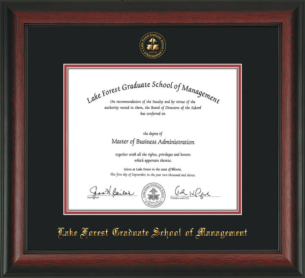 Image of Lake Forest Graduate School of Management Diploma Frame - Rosewood - w/Embossed LFGSM Seal & Name - Black on Crimson mats
