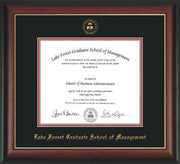 Image of Lake Forest Graduate School of Management Diploma Frame - Rosewood with Gold Lip - w/Embossed LFGSM Seal & Name - Black on Crimson mat
