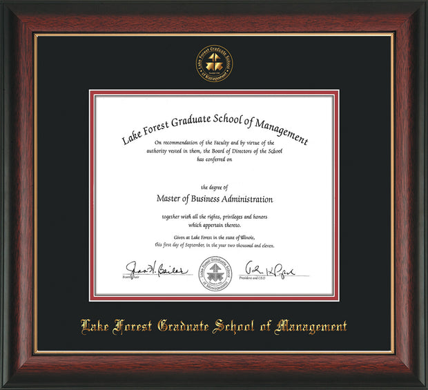 Image of Lake Forest Graduate School of Management Diploma Frame - Rosewood with Gold Lip - w/Embossed LFGSM Seal & Name - Black on Crimson mat