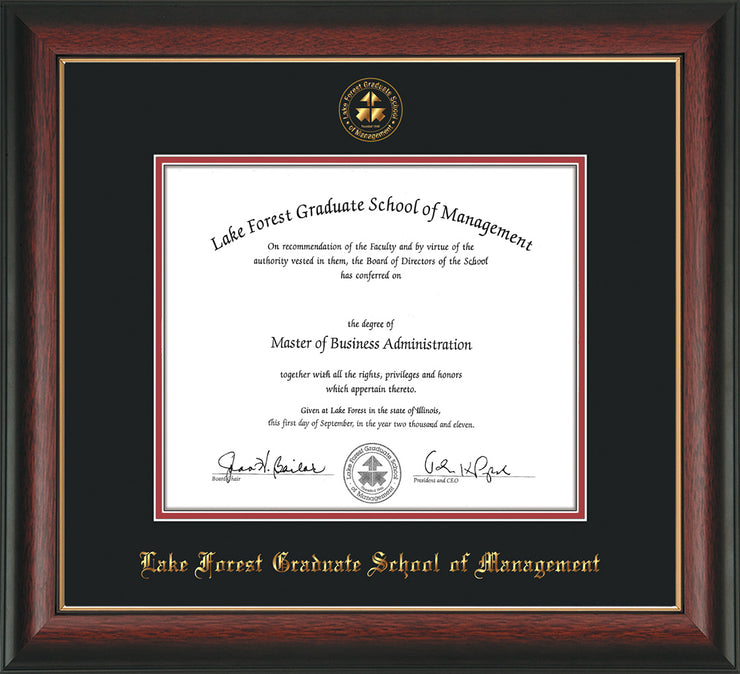 Image of Lake Forest Graduate School of Management Diploma Frame - Rosewood with Gold Lip - w/Embossed LFGSM Seal & Name - Black on Crimson mat