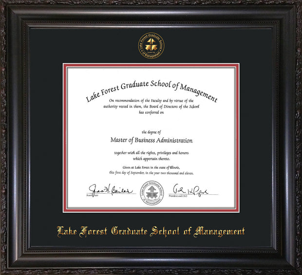 Image of Lake Forest Graduate School of Management Diploma Frame - Vintage Black Scoop - w/Embossed LFGSM Seal & Name - Black on Crimson mat
