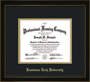 Image of Louisiana Tech University Diploma Frame - Honors Black Satin - w/Laser Etched School Name Only - Black on Gold mat