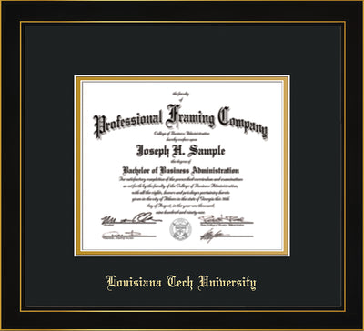 Image of Louisiana Tech University Diploma Frame - Honors Black Satin - w/Laser Etched School Name Only - Black on Gold mat
