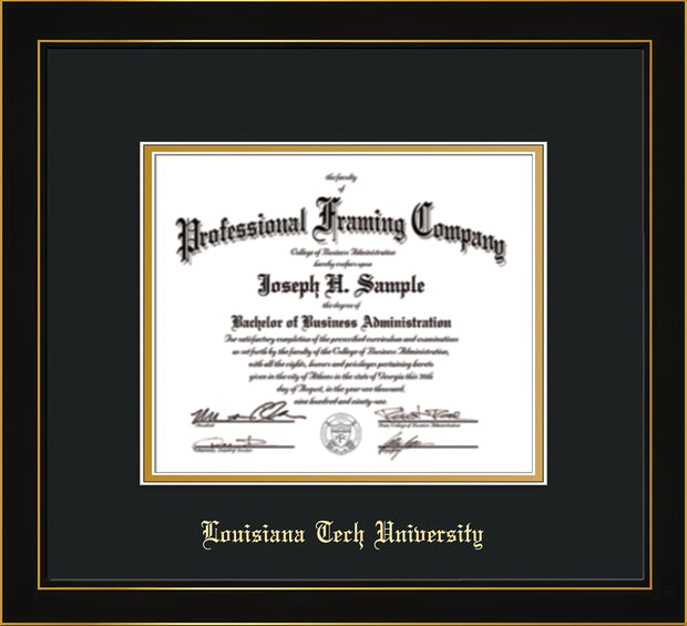 Image of Louisiana Tech University Diploma Frame - Honors Black Satin - w/Laser Etched School Name Only - Black on Gold mat