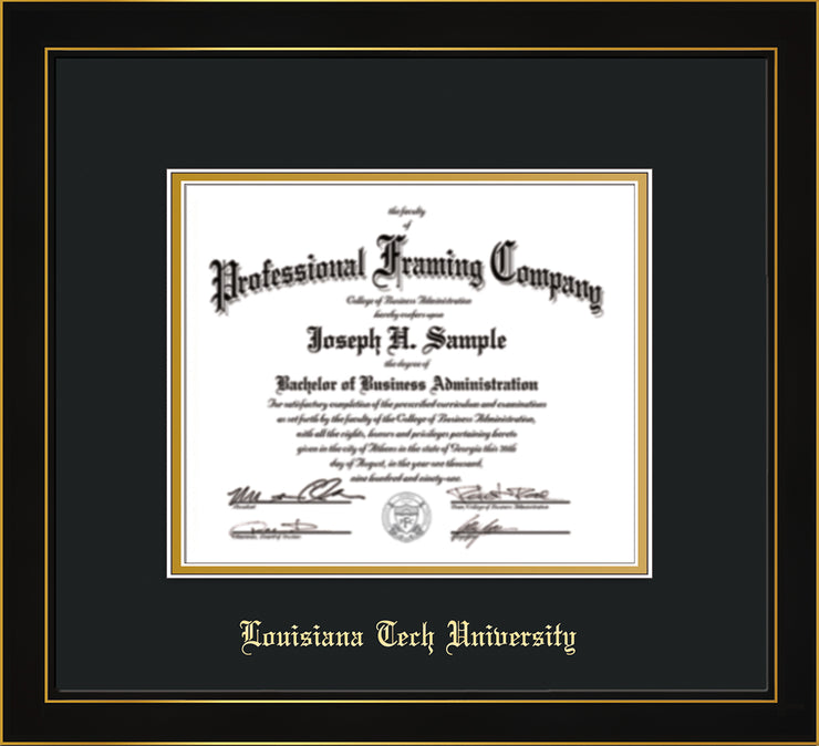 Image of Louisiana Tech University Diploma Frame - Honors Black Satin - w/Laser Etched School Name Only - Black on Gold mat