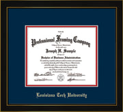 Louisiana Tech University Diploma Frame - Honors Black Satin - w/Laser Etched School Name Only - Navy on Red mat