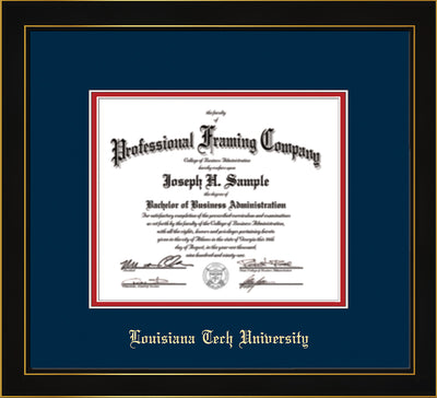 Louisiana Tech University Diploma Frame - Honors Black Satin - w/Laser Etched School Name Only - Navy on Red mat