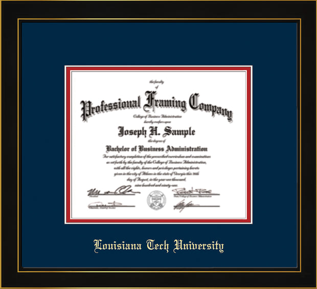 Louisiana Tech University Diploma Frame - Honors Black Satin - w/Laser Etched School Name Only - Navy on Red mat