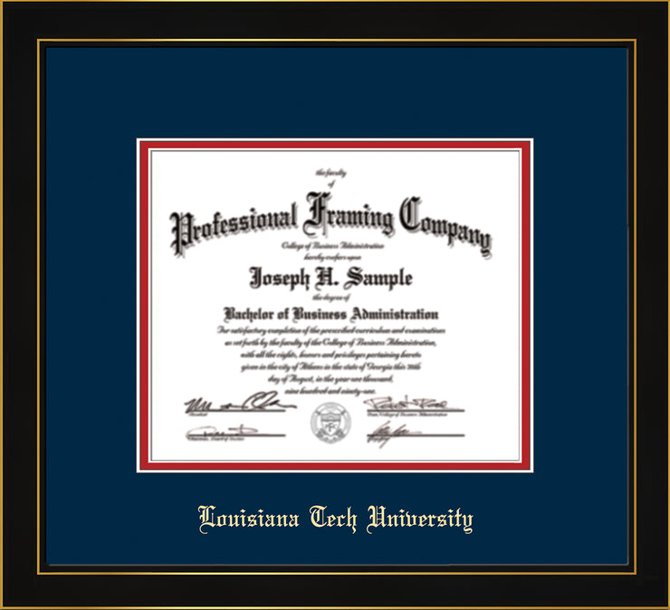 Louisiana Tech University Diploma Frame - Honors Black Satin - w/Laser Etched School Name Only - Navy on Red mat