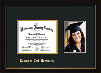 Image of Louisiana Tech University Diploma Frame - Honors Black Satin - w/Laser Etched School Name Only - w/5x7 Photo Opening - Black on Gold mat