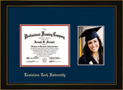 Image of Louisiana Tech University Diploma Frame - Honors Black Satin - w/Laser Etched School Name Only - w/5x7 Photo Opening - Navy on Red mat