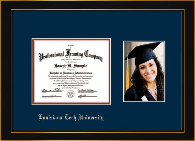 Image of Louisiana Tech University Diploma Frame - Honors Black Satin - w/Laser Etched School Name Only - w/5x7 Photo Opening - Navy on Red mat