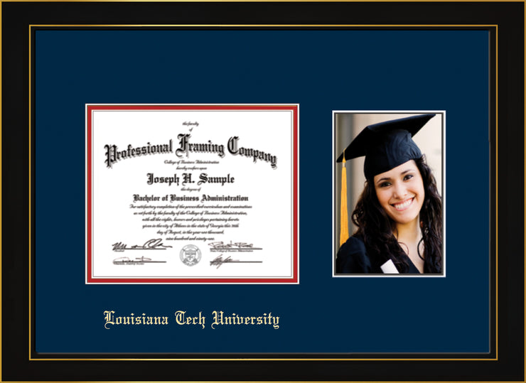 Image of Louisiana Tech University Diploma Frame - Honors Black Satin - w/Laser Etched School Name Only - w/5x7 Photo Opening - Navy on Red mat