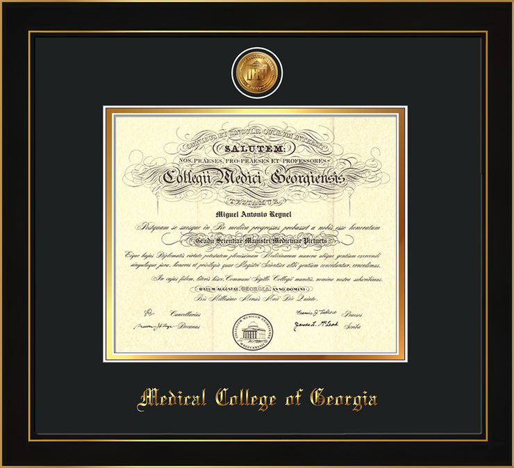 Image of Medical College of Georgia Diploma Frame - Honors Black Satin - w/24k Gold-Plated Medallion - Black on Gold mat