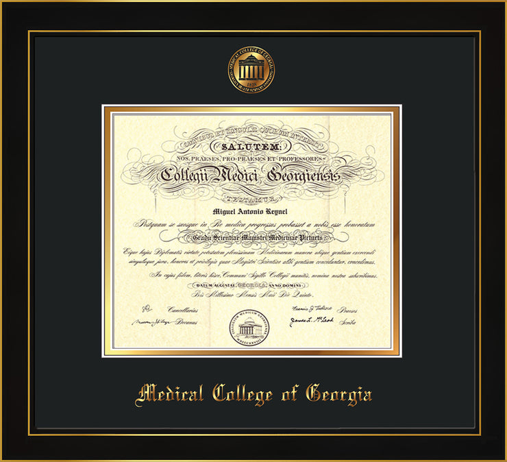 Image of Medical College of Georgia Diploma Frame - Honors Black Satin - w/Embossed MCG Seal & Name - Black on Gold mat