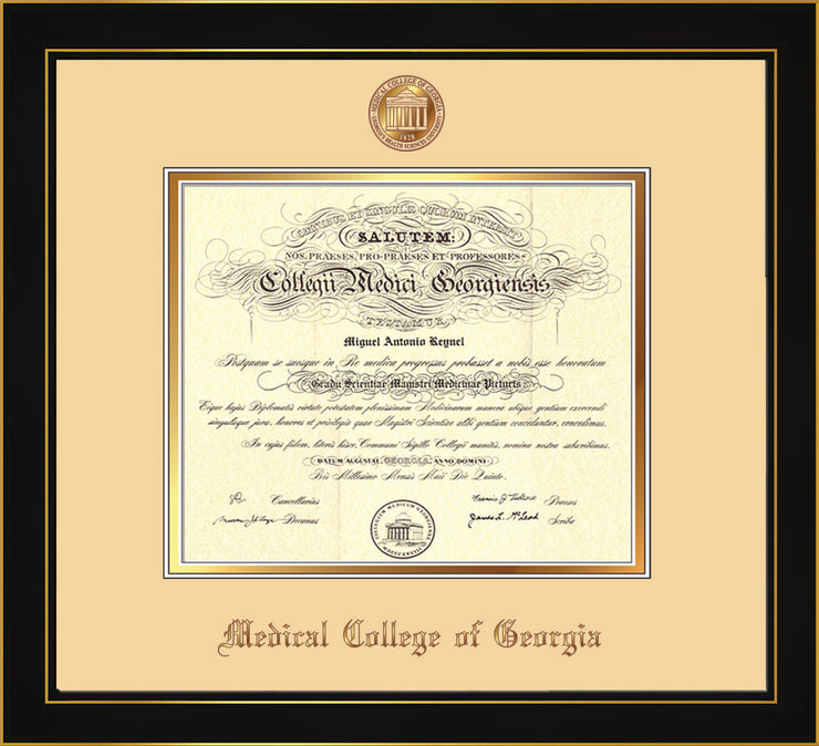 Image of Medical College of Georgia Diploma Frame - Honors Black Satin - w/Embossed MCG Seal & Name - Cream on Gold mat