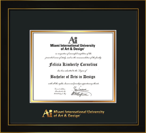 Image of Miami International University of Art & Design Diploma Frame - Honors Black Satin - w/Embossed MIUAD School Name Only - Black on Gold mat