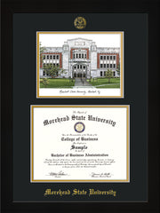 Image of Morehead State University Diploma Frame - Flat Matte Black - w/Embossed MSU Seal & Name - Watercolor - Black on Gold mat