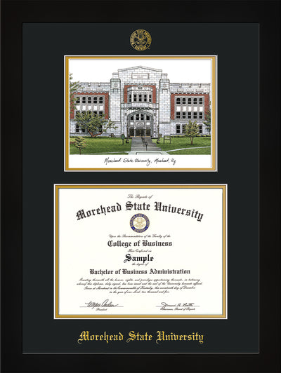 Image of Morehead State University Diploma Frame - Flat Matte Black - w/Embossed MSU Seal & Name - Watercolor - Black on Gold mat