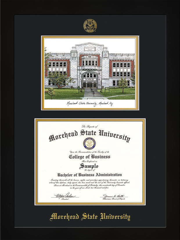 Image of Morehead State University Diploma Frame - Flat Matte Black - w/Embossed MSU Seal & Name - Watercolor - Black on Gold mat
