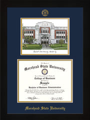 Image of Morehead State University Diploma Frame - Flat Matte Black - w/Embossed MSU Seal & Name - Watercolor - Navy on Gold mat