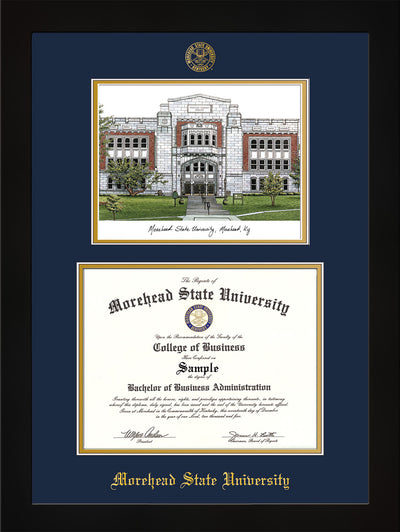 Image of Morehead State University Diploma Frame - Flat Matte Black - w/Embossed MSU Seal & Name - Watercolor - Navy on Gold mat