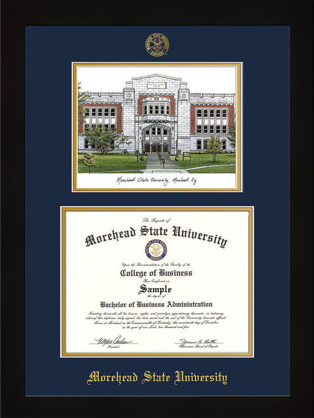 Image of Morehead State University Diploma Frame - Flat Matte Black - w/Embossed MSU Seal & Name - Watercolor - Navy on Gold mat