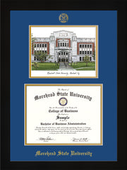Image of Morehead State University Diploma Frame - Flat Matte Black - w/Embossed MSU Seal & Name - Watercolor - Royal Blue on Gold mat