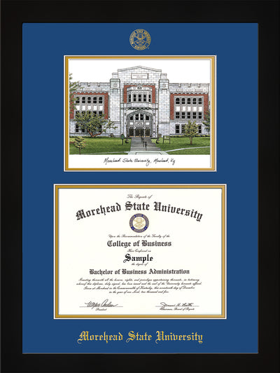 Image of Morehead State University Diploma Frame - Flat Matte Black - w/Embossed MSU Seal & Name - Watercolor - Royal Blue on Gold mat