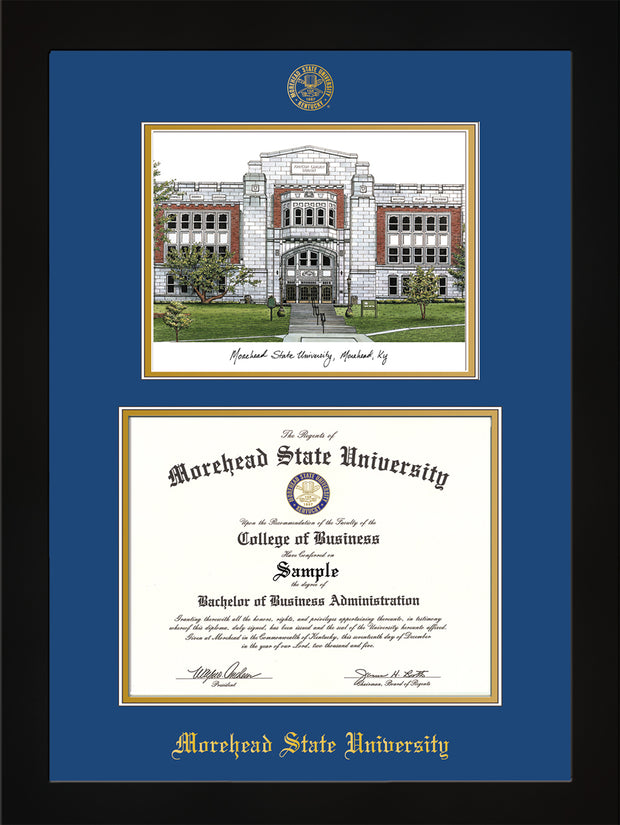 Image of Morehead State University Diploma Frame - Flat Matte Black - w/Embossed MSU Seal & Name - Watercolor - Royal Blue on Gold mat
