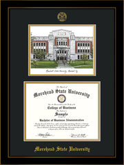 Image of Morehead State University Diploma Frame - Honors Black Satin - w/Embossed MSU Seal & Name - Watercolor - Black on Gold mat