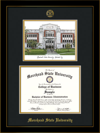 Image of Morehead State University Diploma Frame - Honors Black Satin - w/Embossed MSU Seal & Name - Watercolor - Black on Gold mat