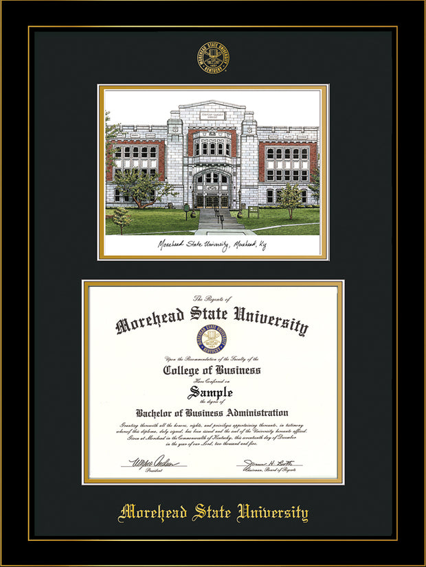 Image of Morehead State University Diploma Frame - Honors Black Satin - w/Embossed MSU Seal & Name - Watercolor - Black on Gold mat