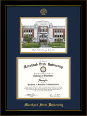 Image of Morehead State University Diploma Frame - Honors Black Satin - w/Embossed MSU Seal & Name - Watercolor - Navy on Gold mat