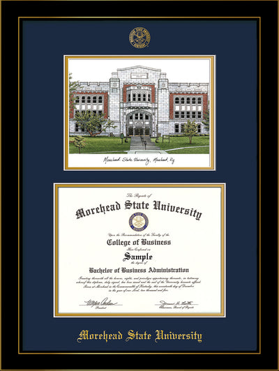 Image of Morehead State University Diploma Frame - Honors Black Satin - w/Embossed MSU Seal & Name - Watercolor - Navy on Gold mat