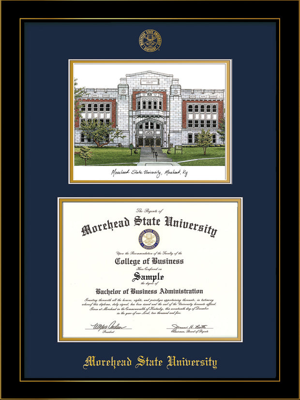 Image of Morehead State University Diploma Frame - Honors Black Satin - w/Embossed MSU Seal & Name - Watercolor - Navy on Gold mat
