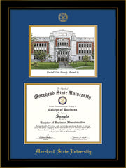 Image of Morehead State University Diploma Frame - Honors Black Satin - w/Embossed MSU Seal & Name - Watercolor - Royal Blue on Gold mat