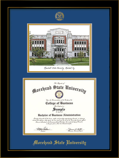 Image of Morehead State University Diploma Frame - Honors Black Satin - w/Embossed MSU Seal & Name - Watercolor - Royal Blue on Gold mat