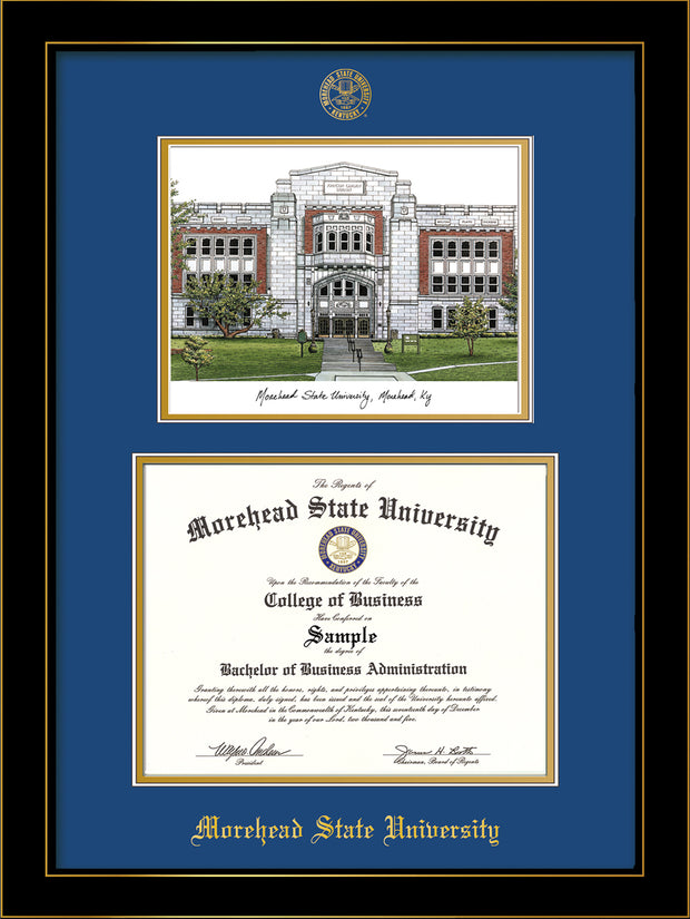 Image of Morehead State University Diploma Frame - Honors Black Satin - w/Embossed MSU Seal & Name - Watercolor - Royal Blue on Gold mat