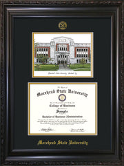 Image of Morehead State University Diploma Frame - Vintage Black Scoop - w/Embossed MSU Seal & Name - Watercolor - Black on Gold mat
