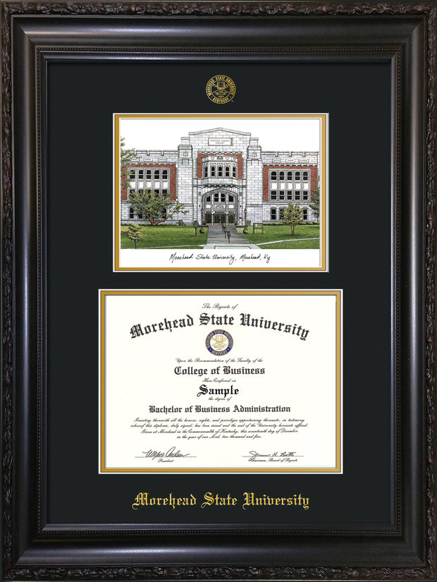 Image of Morehead State University Diploma Frame - Vintage Black Scoop - w/Embossed MSU Seal & Name - Watercolor - Black on Gold mat